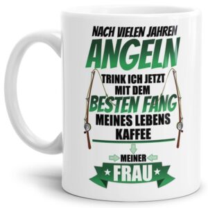 Bedruckter Kaffeebecher aus hochwertiger Keramik in Weiß für die Anglerfreundin - Eine süße Liebeserklärung für die Partnerin