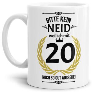 Hochwertige Keramiktasse mit lustigem Spruch in Weiß zum runden in Bitte kein Neid