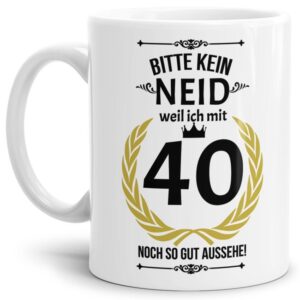 Hochwertige Keramiktasse mit lustigem Spruch in Weiß zum runden in Bitte kein Neid