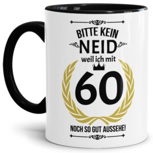 Hochwertige Keramiktasse mit lustigem Spruch mit schwarzem Akzent zum runden in Bitte kein Neid