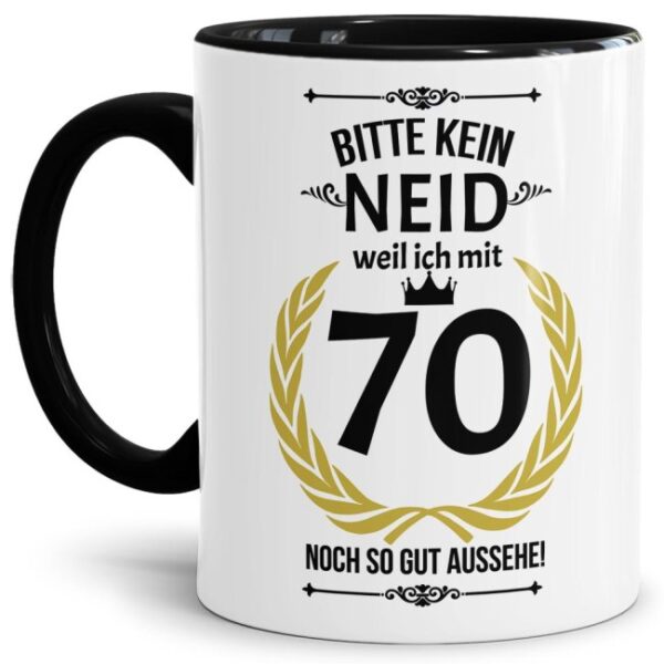 Hochwertige Keramiktasse mit lustigem Spruch mit schwarzem Akzent zum runden in Bitte kein Neid