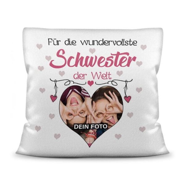 Suchst Du ein besonderes Fotogeschenk für Deine Schwester? Hier gestaltest Du ein edles Fotokissen für die beste Schwester mit dem schönsten