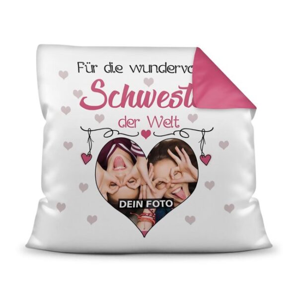 Suchst Du ein besonderes Fotogeschenk für Deine Schwester? Hier gestaltest Du ein edles Fotokissen für die beste Schwester mit dem schönsten