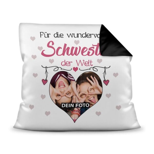 Suchst Du ein besonderes Fotogeschenk für Deine Schwester? Hier gestaltest Du ein edles Fotokissen für die beste Schwester mit dem schönsten