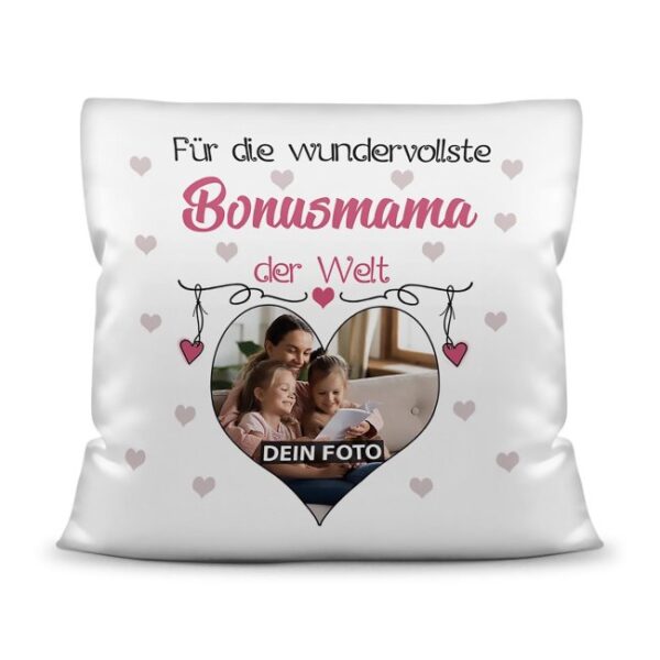 Suchst Du ein besonderes Fotogeschenk für Deine Bonusmama? Hier gestaltest Du ein edles Fotokissen für die beste Bonusmama mit dem schönsten