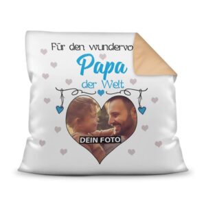 Suchst Du ein besonderes Fotogeschenk für Deinen Papa? Hier gestaltest Du ein edles Fotokissen für den besten Papa mit dem schönsten