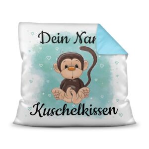 Unser Kissen für Kinder mit Tiermotiv Affe - Rückseite Hellblau - ist das perfekte Kuschelkissen fürs Kinderzimmer - auch als ganz persönliches...