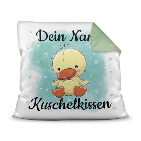 Unser Kissen für Kinder mit Tiermotiv Ente - Rückseite Seegrün - ist das perfekte Kuschelkissen fürs Kinderzimmer - auch als ganz persönliches...