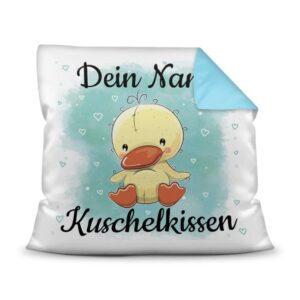 Unser Kissen für Kinder mit Tiermotiv Ente - Rückseite Hellblau - ist das perfekte Kuschelkissen fürs Kinderzimmer - auch als ganz persönliches...