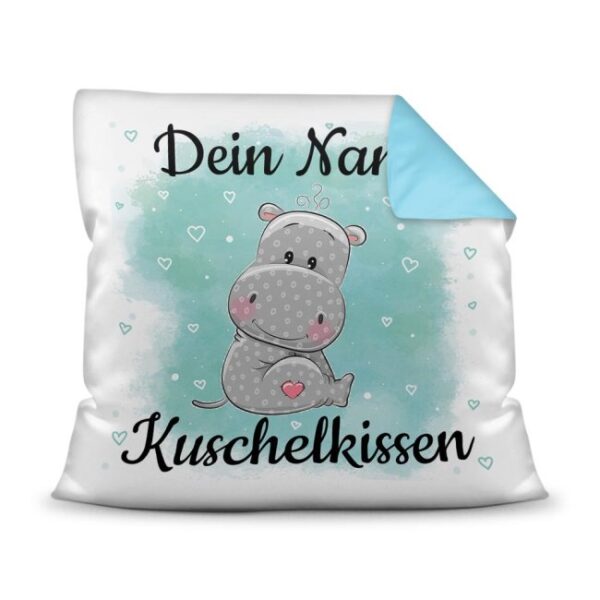 Unser Kissen für Kinder mit Tiermotiv Nilpferd - Rückseite Hellblau - ist das perfekte Kuschelkissen fürs Kinderzimmer - auch als ganz persönliches...