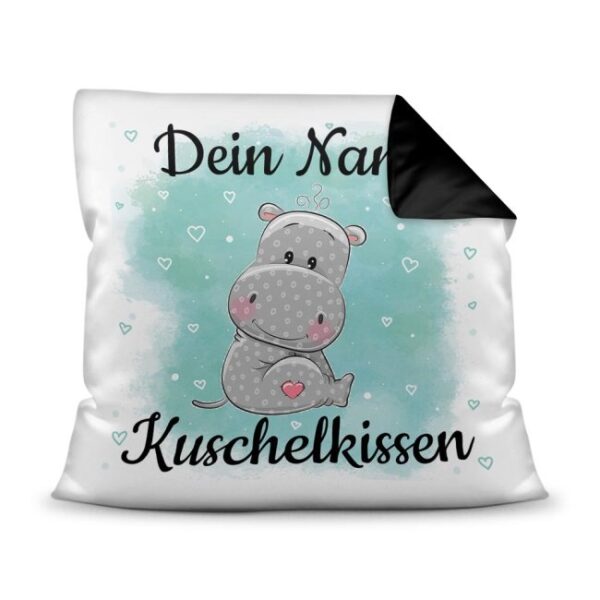 Unser Kissen für Kinder mit Tiermotiv Nilpferd - Rückseite Schwarz - ist das perfekte Kuschelkissen fürs Kinderzimmer - auch als ganz persönliches...