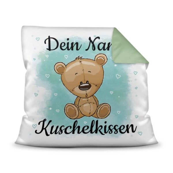 Unser Kissen für Kinder mit Tiermotiv Teddy braun - Rückseite Seegrün - ist das perfekte Kuschelkissen fürs Kinderzimmer - auch als ganz...