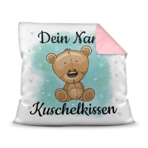 Unser Kissen für Kinder mit Tiermotiv Teddy braun - Rückseite Rosa - ist das perfekte Kuschelkissen fürs Kinderzimmer - auch als ganz persönliches...