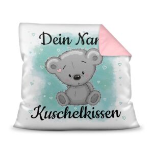 Unser Kissen für Kinder mit Tiermotiv Teddy grau - Rückseite Rosa - ist das perfekte Kuschelkissen fürs Kinderzimmer - auch als ganz persönliches...