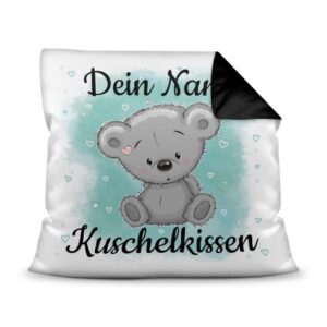 Unser Kissen für Kinder mit Tiermotiv Teddy grau - Rückseite Schwarz - ist das perfekte Kuschelkissen fürs Kinderzimmer - auch als ganz...