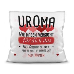 Du suchst das beste Geschenk für Uroma? Dann ist dieses personalisierte Namenskissen genau richtig. Ergänze das Kissen mit den Namen der Urenkel...