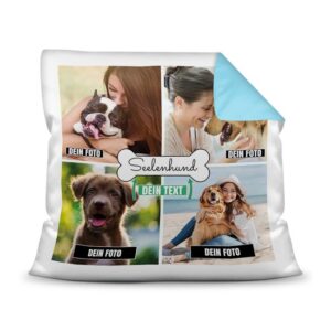 Bedrucktes Zierkissen mit Hunde-Spruch - Fotocollage - Seelenhund mit vier Fotos & Text selbst gestalten - Dieses selbst gestaltete Kissen macht...