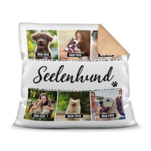 Bedrucktes Zierkissen mit Hunde-Spruch - Fotocollage - Seelenhund - mit sechs Fotos - Dieses selbst gestaltete Kissen macht sich perfekt in jeder...