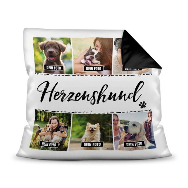 Bedrucktes Zierkissen mit Hunde-Spruch - Fotocollage - Herzenshund - mit sechs Fotos - Dieses selbst gestaltete Kissen macht sich perfekt in jeder...