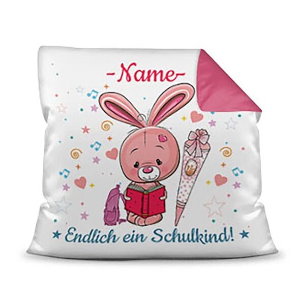 Personalisierbares Kissen mit Name zum Einschulung mit Hasenmotiv. Ein besonderes