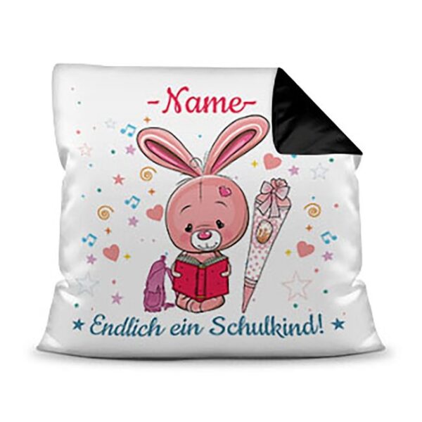 Personalisierbares Kissen mit Name zum Einschulung mit Hasenmotiv. Ein besonderes