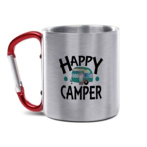 Die Edelstahl-Tasse mit praktischem Karabiner Henkel und witzigem Spruch - Happy Camper - ist eine tolle Geschenkidee für Campingfans und ein...