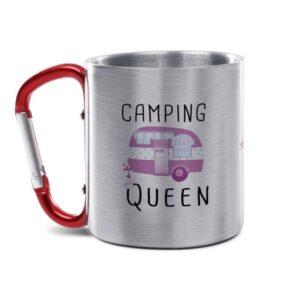 Die Edelstahl-Tasse mit praktischem Karabiner Henkel und witzigem Spruch - Camping Queen - ist eine tolle Geschenkidee für Campingfans und ein...