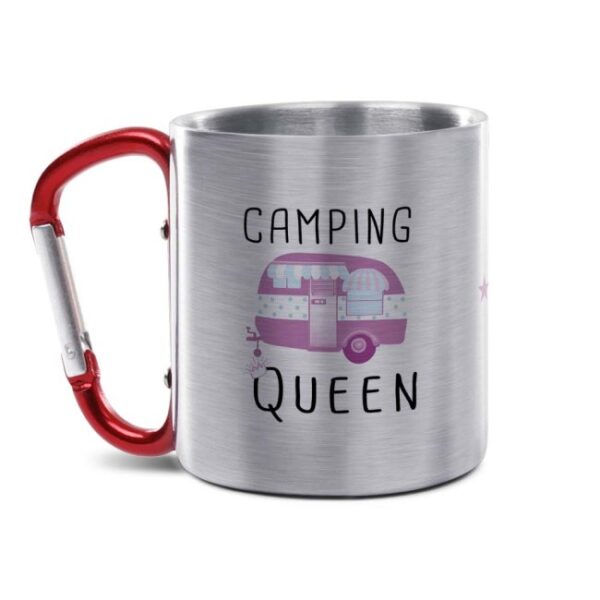 Die Edelstahl-Tasse mit praktischem Karabiner Henkel und witzigem Spruch - Camping Queen - ist eine tolle Geschenkidee für Campingfans und ein...