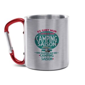 Die Edelstahl-Tasse mit praktischem Karabiner Henkel und witzigem Spruch - Camping Saison - ist eine tolle Geschenkidee für Campingfans und ein...