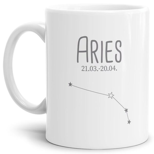 Liebevoll gestaltete Tasse in Weiß mit Sternzeichen Widder und Datum als perfektes Geburtstagsgeschenk für Freunde und Familie. Mit diese Tasse als...