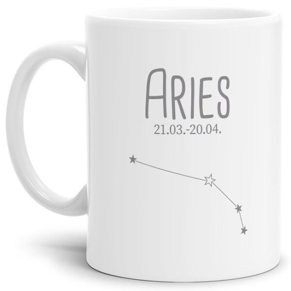 Liebevoll gestaltete Tasse in Weiß matt mit Sternzeichen Widder und Datum als perfektes Geburtstagsgeschenk für Freunde und Familie. Mit diese...