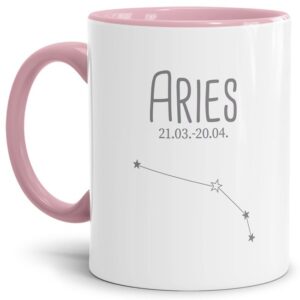 Liebevoll gestaltete Tasse in Rosa mit Sternzeichen Widder und Datum als perfektes Geburtstagsgeschenk für Freunde und Familie. Mit diese Tasse als...