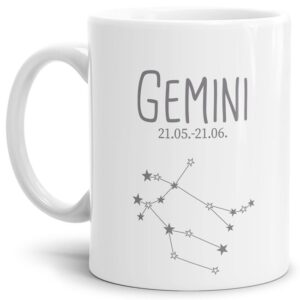 Liebevoll gestaltete Tasse in Weiß mit Sternzeichen Zwilling und Datum als perfektes Geburtstagsgeschenk für Freunde und Familie. Mit diese Tasse...