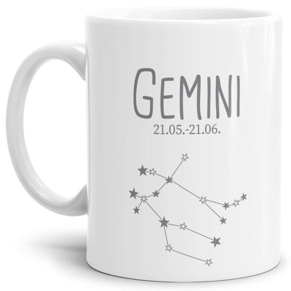 Liebevoll gestaltete Tasse in Weiß mit Sternzeichen Zwilling und Datum als perfektes Geburtstagsgeschenk für Freunde und Familie. Mit diese Tasse...