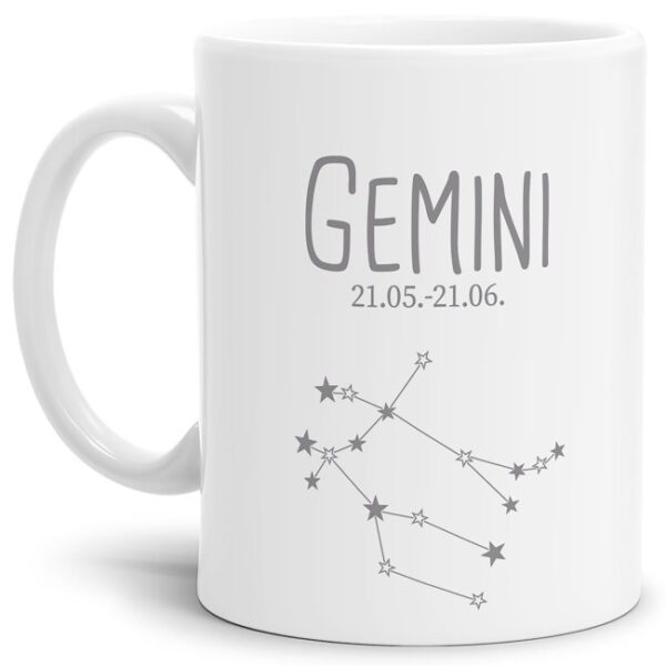 Liebevoll gestaltete Tasse in Weiß matt mit Sternzeichen Zwilling und Datum als perfektes Geburtstagsgeschenk für Freunde und Familie. Mit diese...