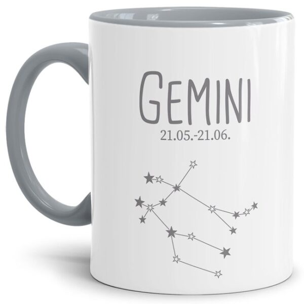 Liebevoll gestaltete Tasse in Grau mit Sternzeichen Zwilling und Datum als perfektes Geburtstagsgeschenk für Freunde und Familie. Mit diese Tasse...