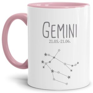 Liebevoll gestaltete Tasse in Rosa mit Sternzeichen Zwilling und Datum als perfektes Geburtstagsgeschenk für Freunde und Familie. Mit diese Tasse...