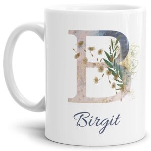 Liebevoll gestaltete Tasse mit Buchstabe und Name verziert mit einer Ranke aus Gräsern und Blumen. Der personalisierbare Kaffeebecher mit Monogramm...