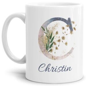 Liebevoll gestaltete Tasse mit Buchstabe und Name verziert mit einer Ranke aus Gräsern und Blumen. Der personalisierbare Kaffeebecher mit Monogramm...