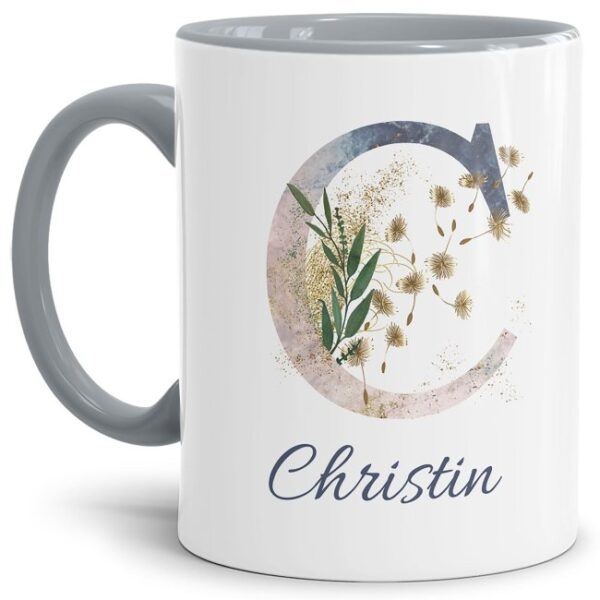 Liebevoll gestaltete Tasse mit Buchstabe und Name verziert mit einer Ranke aus Gräsern und Blumen. Der personalisierbare Kaffeebecher mit Monogramm...