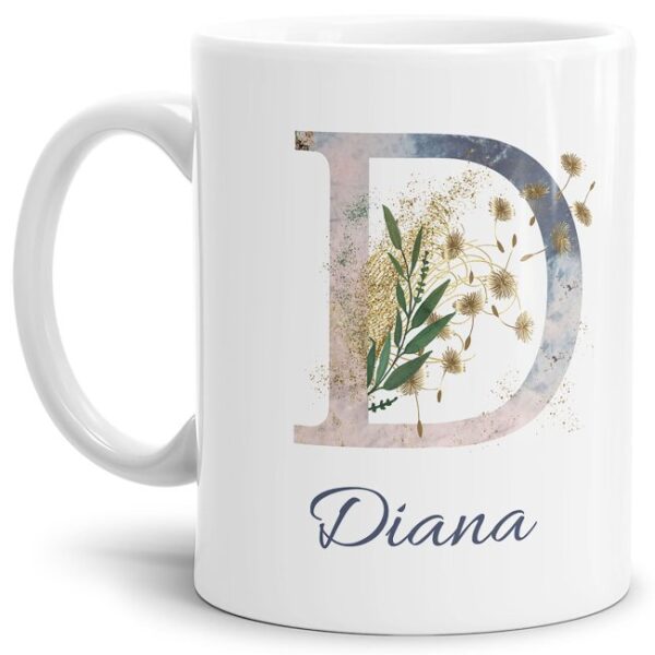 Liebevoll gestaltete Tasse mit Buchstabe und Name verziert mit einer Ranke aus Gräsern und Blumen. Der personalisierbare Kaffeebecher mit Monogramm...