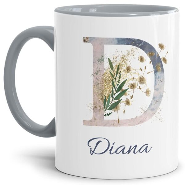 Liebevoll gestaltete Tasse mit Buchstabe und Name verziert mit einer Ranke aus Gräsern und Blumen. Der personalisierbare Kaffeebecher mit Monogramm...