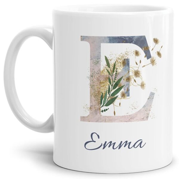 Liebevoll gestaltete Tasse mit Buchstabe und Name verziert mit einer Ranke aus Gräsern und Blumen. Der personalisierbare Kaffeebecher mit Monogramm...