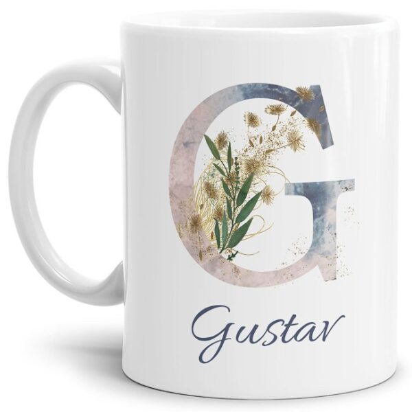 Liebevoll gestaltete Tasse mit Buchstabe und Name verziert mit einer Ranke aus Gräsern und Blumen. Der personalisierbare Kaffeebecher mit Monogramm...