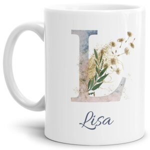 Liebevoll gestaltete Tasse mit Buchstabe und Name verziert mit einer Ranke aus Gräsern und Blumen. Der personalisierbare Kaffeebecher mit Monogramm...