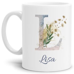 Liebevoll gestaltete Tasse mit Buchstabe und Name verziert mit einer Ranke aus Gräsern und Blumen. Der personalisierbare Kaffeebecher mit Monogramm...