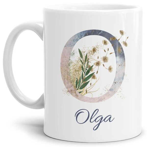 Liebevoll gestaltete Tasse mit Buchstabe und Name verziert mit einer Ranke aus Gräsern und Blumen. Der personalisierbare Kaffeebecher mit Monogramm...