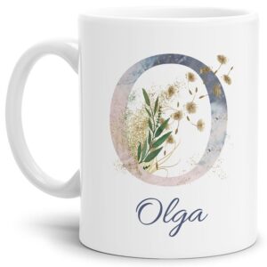 Liebevoll gestaltete Tasse mit Buchstabe und Name verziert mit einer Ranke aus Gräsern und Blumen. Der personalisierbare Kaffeebecher mit Monogramm...