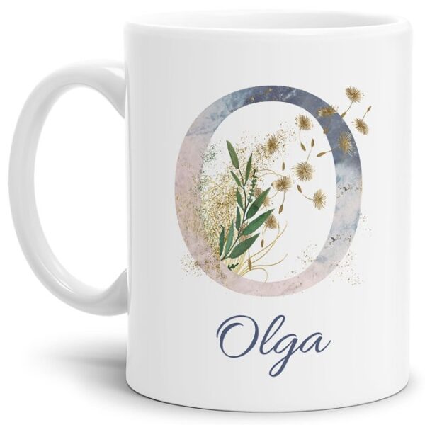 Liebevoll gestaltete Tasse mit Buchstabe und Name verziert mit einer Ranke aus Gräsern und Blumen. Der personalisierbare Kaffeebecher mit Monogramm...