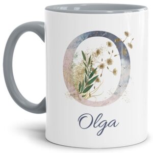 Liebevoll gestaltete Tasse mit Buchstabe und Name verziert mit einer Ranke aus Gräsern und Blumen. Der personalisierbare Kaffeebecher mit Monogramm...